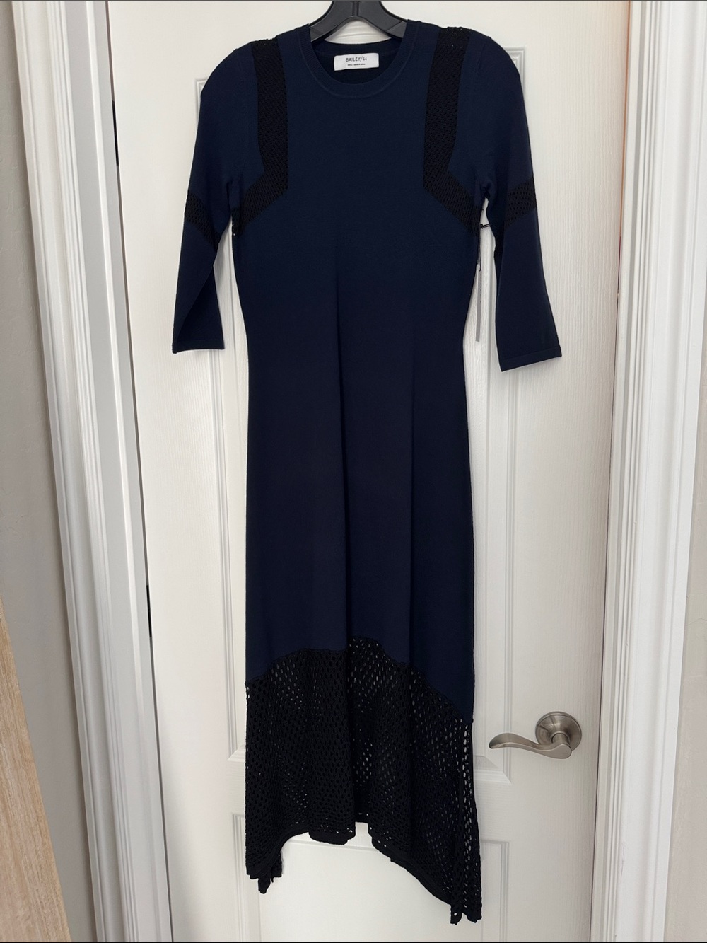Bailey 44 Navy and Black Knit Midi Dress with Mesh Hem